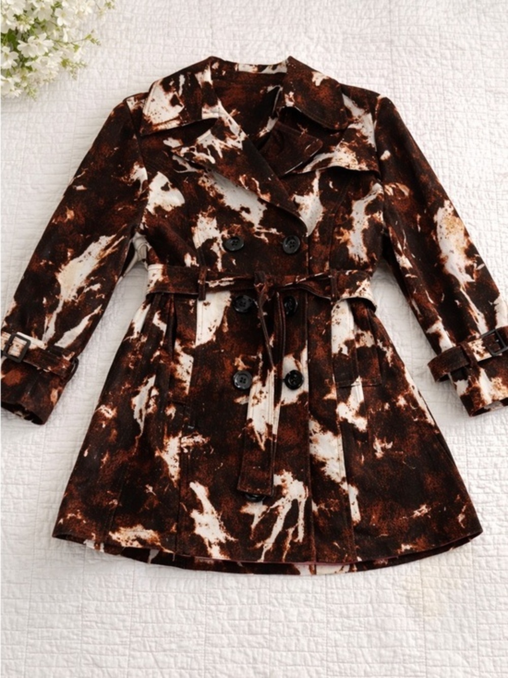 Double Breasted Trench Pea Coat Belted Large Marbled